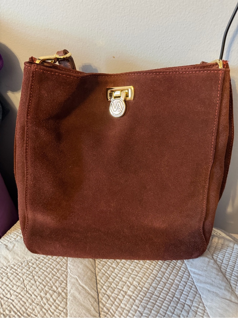 Valentina Designer Suede Shoulder Bag in Deep Burgundy - great condition